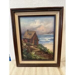 FRAMED VINTAGE 9 X 12 COTTAGE ON THE SEA OIL PAINTING.